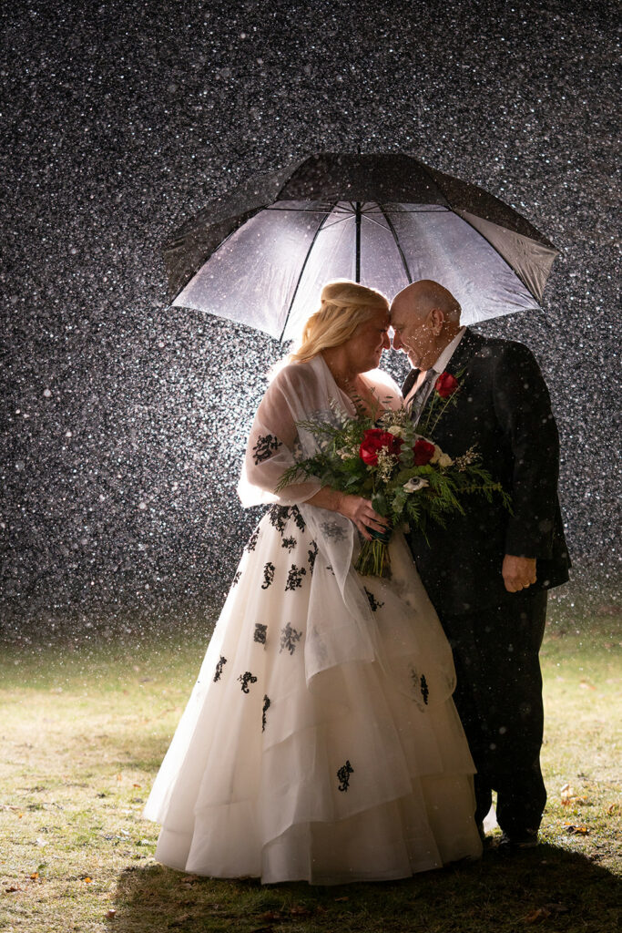 Couple in the mist under an umbrella