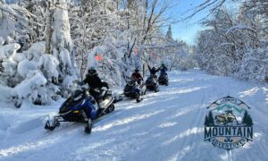 Four snowmobilers enjoying a day out in the Green Mountains