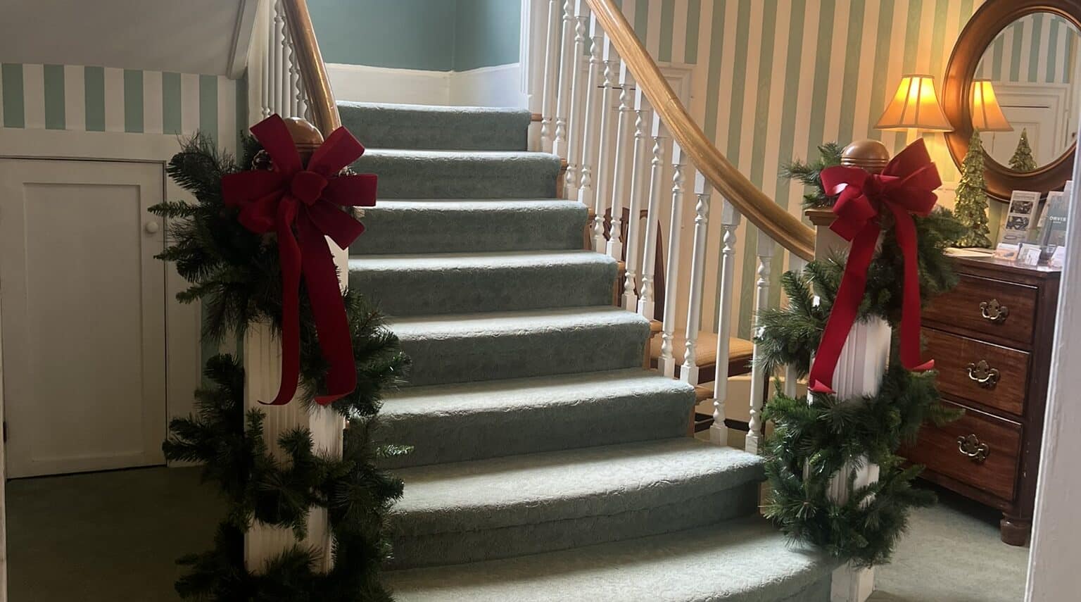 Stairs decorated for Christmas