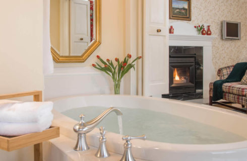 View from large soaking tub into bedroom with a fireplace and plaid sofa.