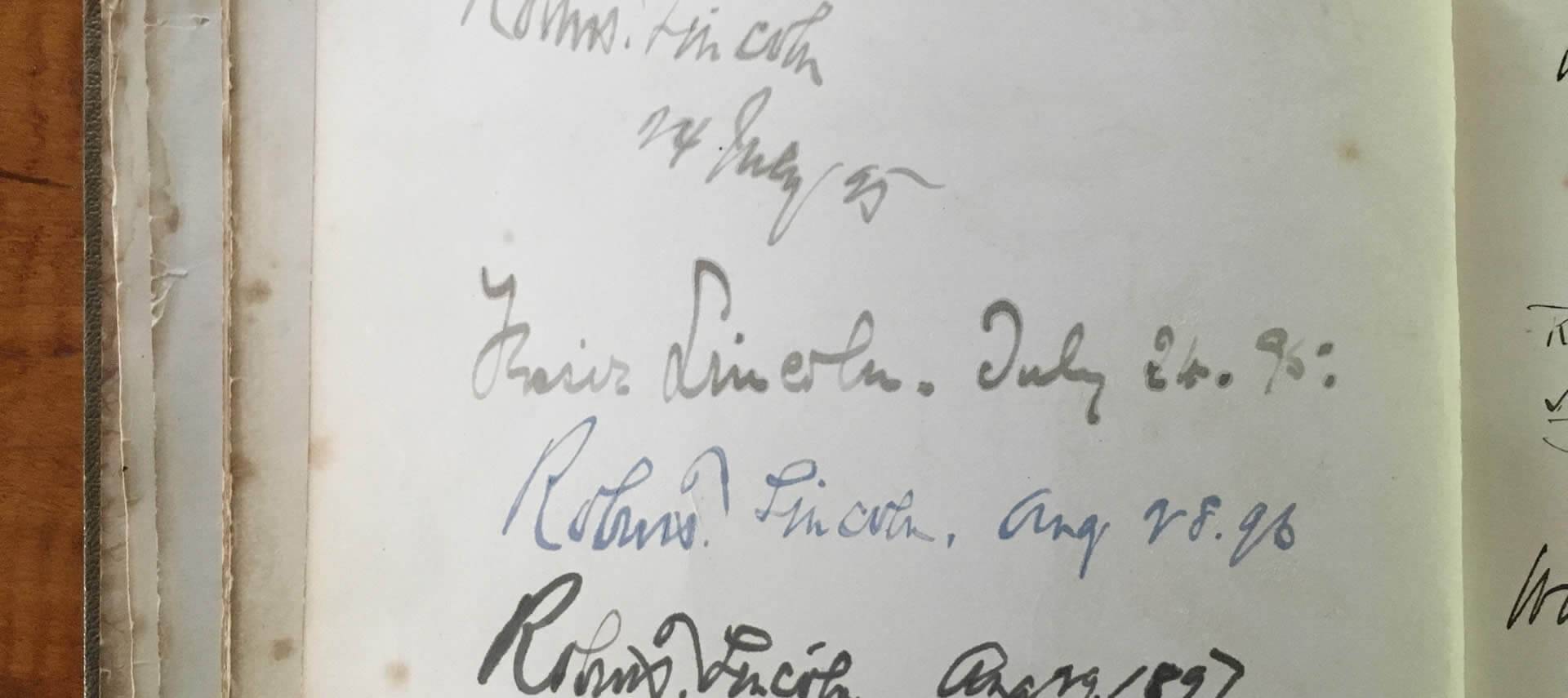 A list of signatures and dates on a very old historic book page.