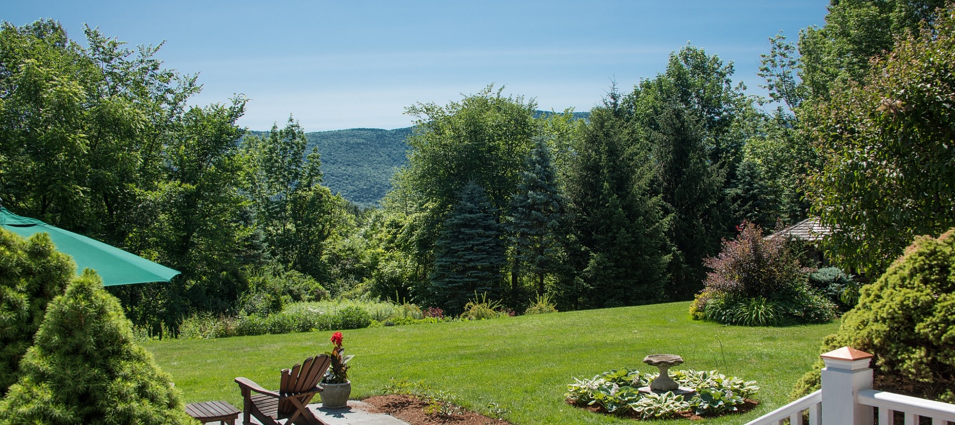 View from the back porch and pato with large green lawn, beautiful landscaping and lush tall green trees facing the pine tree covered mountains and blue sky.