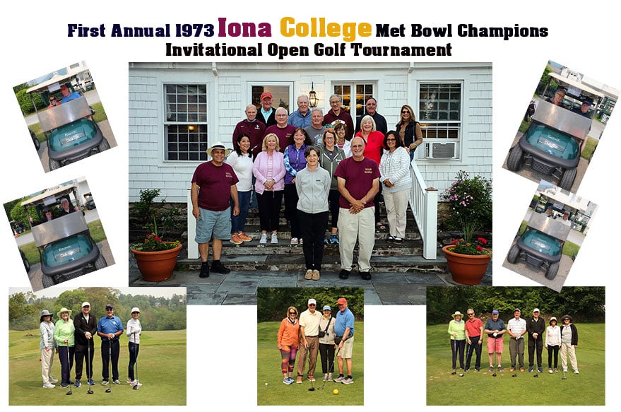 Collage of of friends gathered for a golf tournament