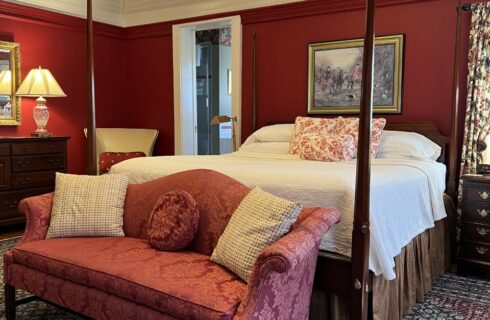 Taft bed and loveseat looking towards bathroom